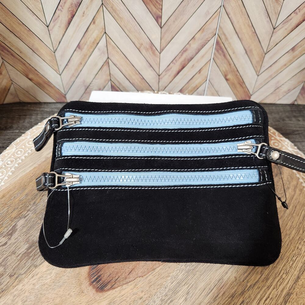 NWOT Cole Haan Black Suede Triple Zip Travel Square Pouch